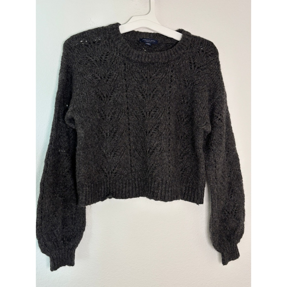 American Eagle Cropped Pointelle Knit Sweater Gray Balloon Sleeve Medium